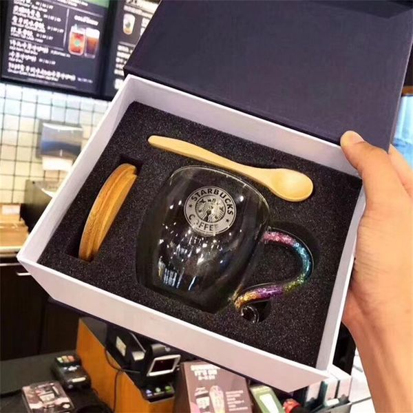 

starbucks colourful diamond handle coffee mug with wooden lid spoon gift set double insulation clear glass cup2668