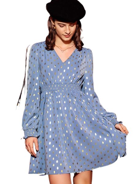 

allover print shirred flounce sleeve a-line dress 884p#, Black;gray