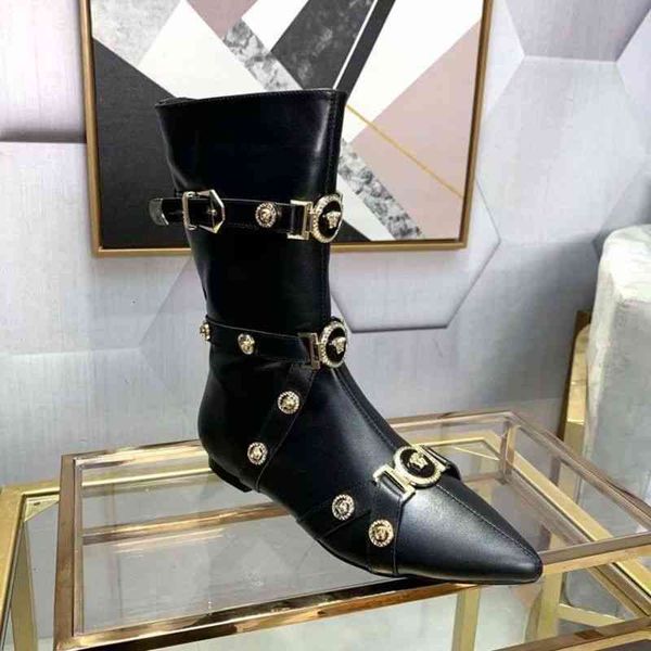 

tube boots middle boots women's flat bottom medusa autumn and winter pointed leather transparent temperament anti-skid anti odor vaeo, Black