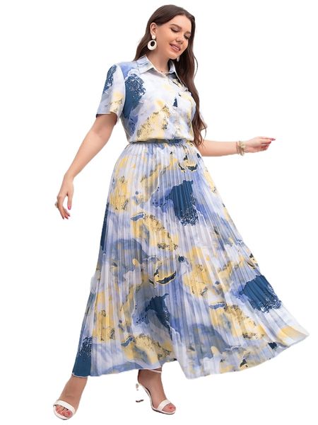 

plus marble print blouse & pleated skirt y0vw#, Black