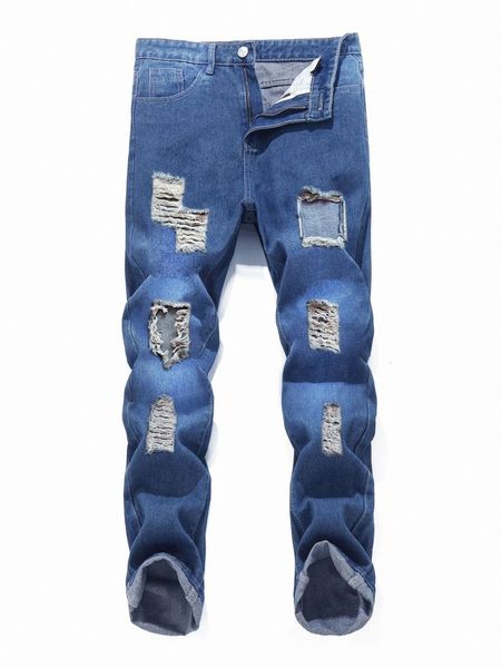 

romwe guys washed ripped jeans v51s#, Blue