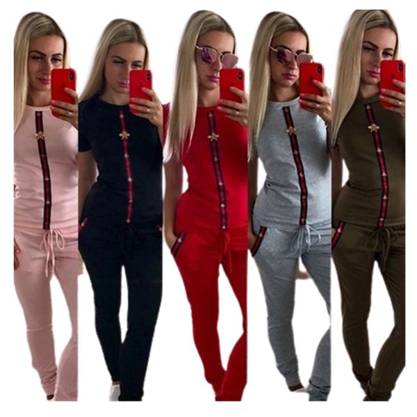 

fashion webbing round neck tracksuits for womens short sleeve casual t-shirts and sports drawstring pants 2 piece sets j9664, Gray