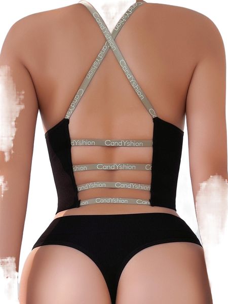 

letter tape panel crisscross back lingerie set z5xj#, Black;red