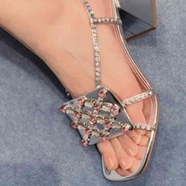

designer sandals luxury miu sandals women's button thick heels high bright outer square head open toe banquet shoes gadv, Black