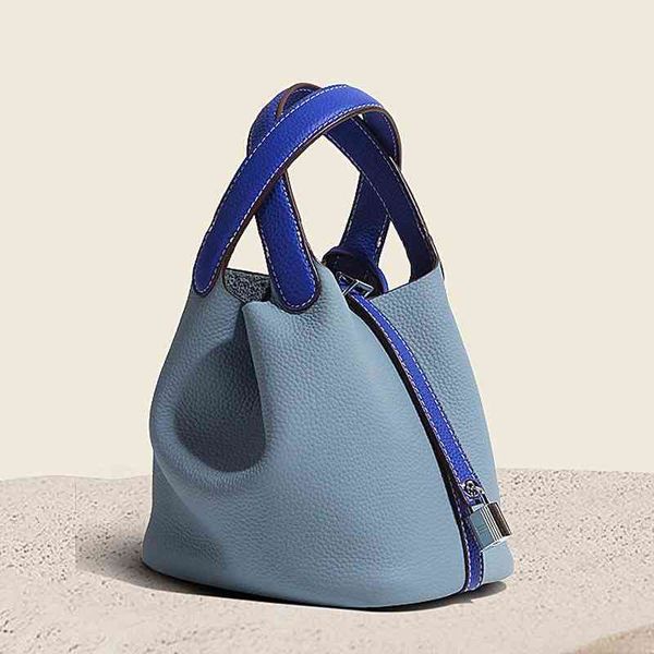 

leather vegetable basket women's bag cowhide gold buckle bucket soft leather large capacity handbag 220617