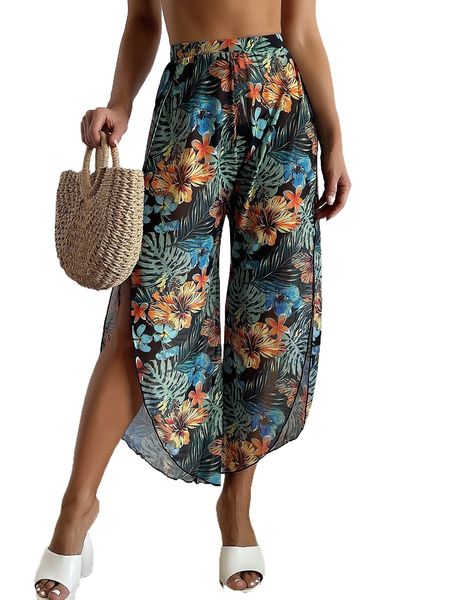 

t.ropical print c.over up pants k2et#, White;black