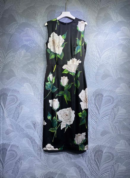

2022 summer new round neck silk printed vest dress, Black;pink