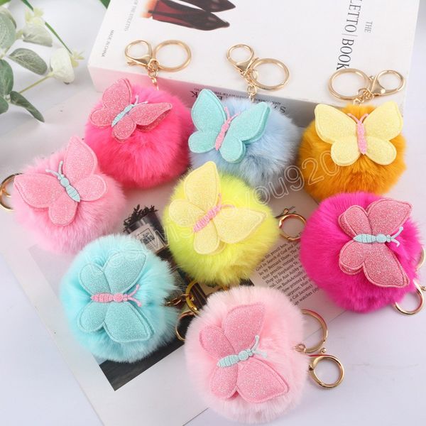 

cute butterfly rabbit hair ball keychain plush pompom key chain bags key ring couple ornament car pendant decoration, Slivery;golden