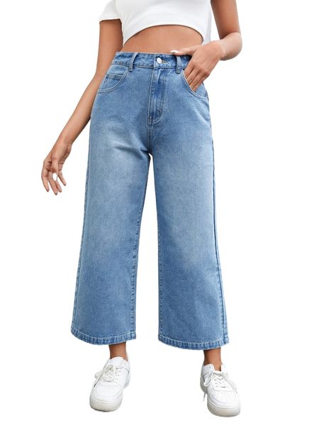 

zipper fly wide leg jeans s99c#, Blue