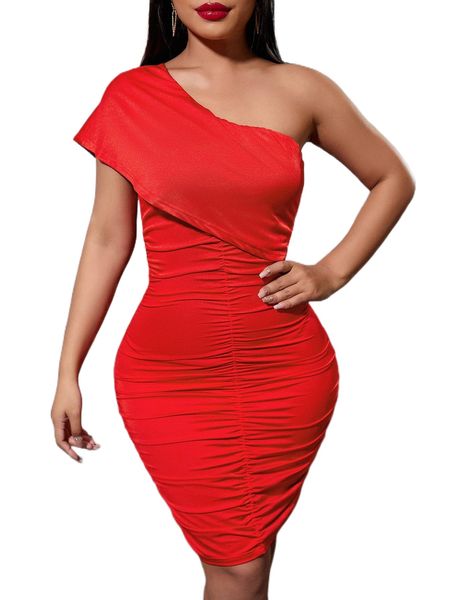 

one shoulder ruched bodycon dress 185b#, Black;gray