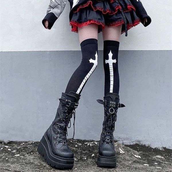 

bonjomarisa brand goth platform high wedges buckle zipper women boots punk cool street thick heel shoeslace autumn ladies shoes 220810, Black