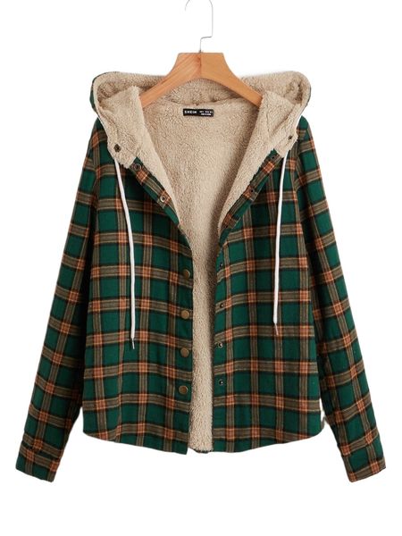 

plaid print teddy lined snap button drawstring hooded coat x6lo#, Black