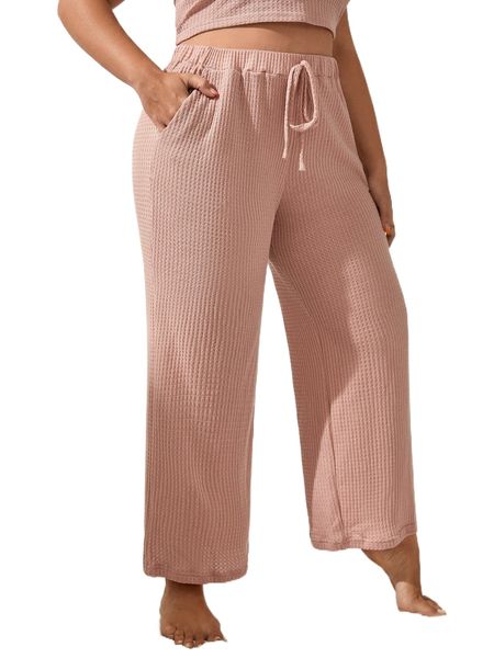 

plus waffle knit slant pocket knot waist sleep pants l9sw#, Black;white