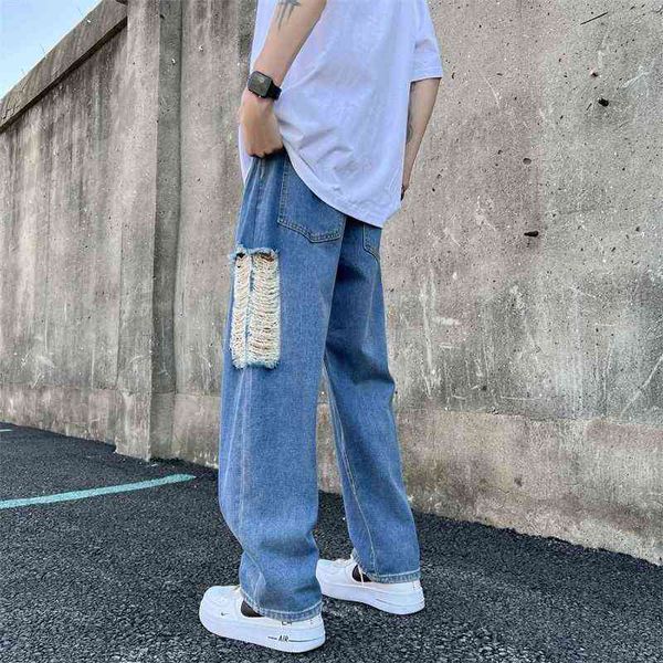 

summer blue ripped jeans men fashion casual straight jeans men streetwear loose hip hop hole denim pants mens trousers -3xl t220727