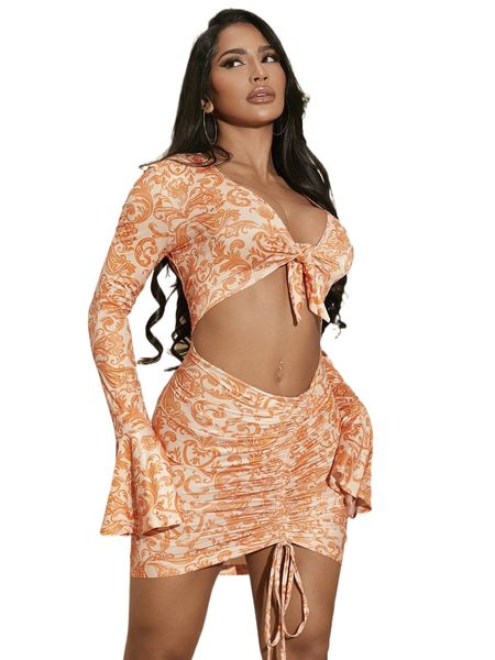 

sxy scroll print flounce sleeve cut out knot front bodycon dress z4sf#, Black;gray