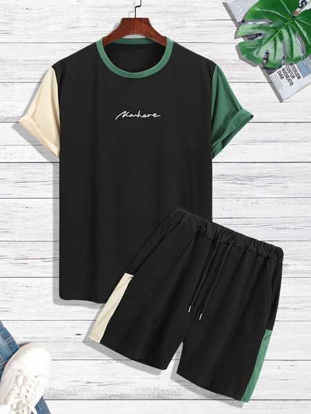 

men letter graphic colorblock tee & drawstring waist shorts k3od#, Gray