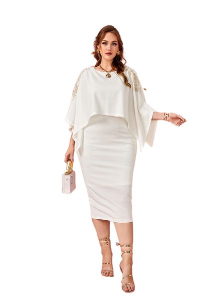 

plus floral embroidery batwing sleeve split back dress 76a8#, Black