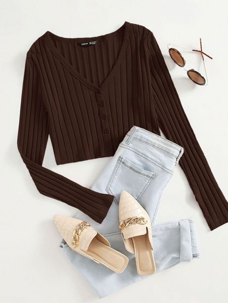 

v neck button front ribbed m0yc#, White