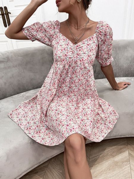 

ditsy floral print sweetheart neck ruched dress 03ra#, Black;gray