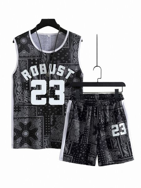 

men letter & paisley print tank & track shorts s9mr#, Gray