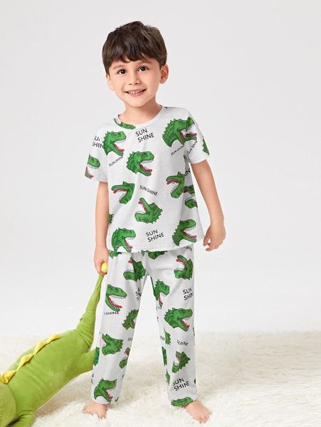 

toddler boys letter dinosaur print tee & pants lounge set she, Blue;red