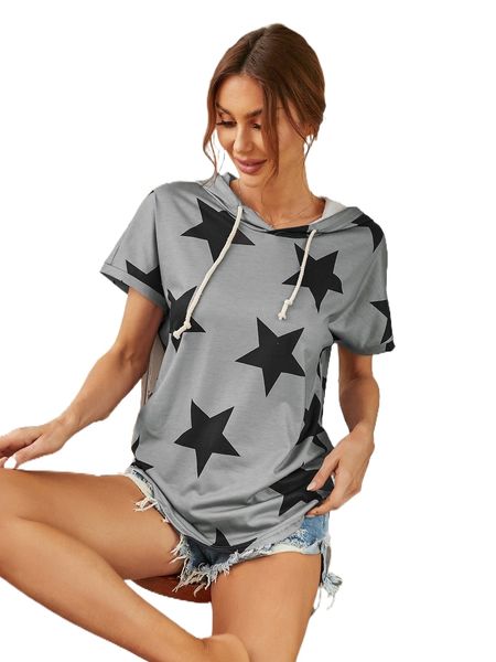 

star print batwing sleeve drawstring hooded tee e0wu#, White