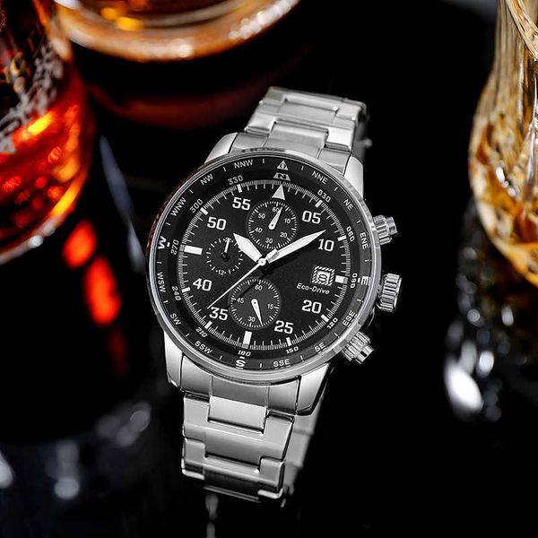 Eco-Drive Chronograph Herren Luxus Business Edelstahl Armband Kalender Quarzuhr
