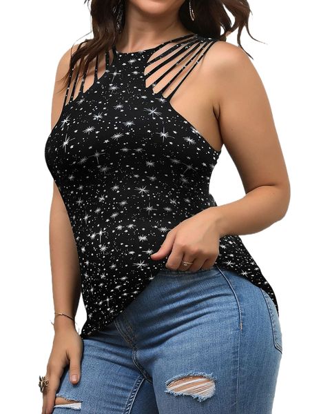 

plus star print cut out tank d9ul#, Black