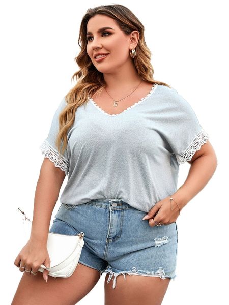 

plus contrast guipure lace trim batwing sleeve tee x24b#, Black