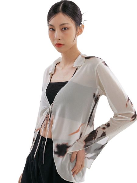 

dazy tie dye knot front split cuff sheer without cami o4pm#, White