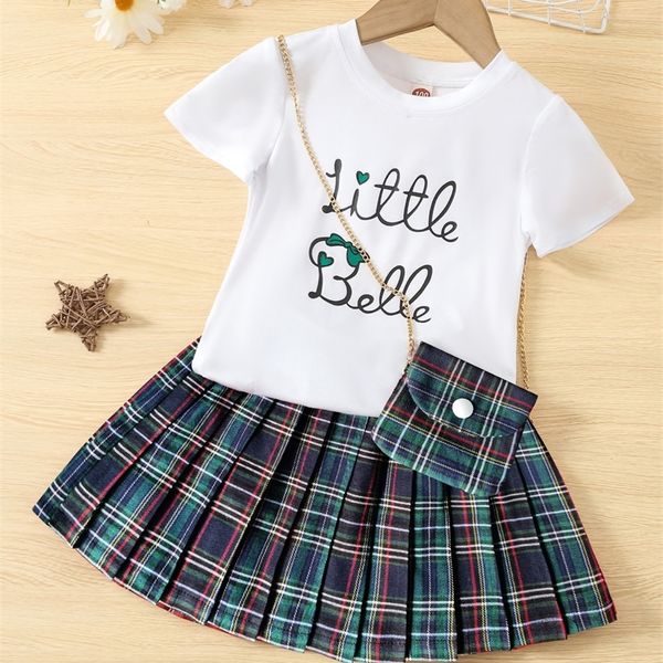 

little girl's letter and heart t-shirt and scottish plaid pleated skirt with bag she, White