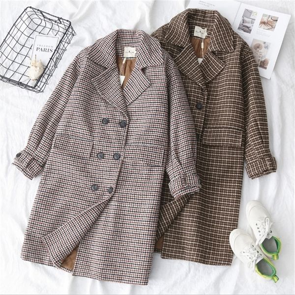 

winter houndstooth plaid overcoat women mid-long korean wool jacket ladies autumn winter double breasted woollen coat 201215, Black