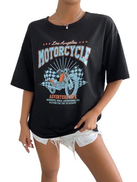 

motorcycle and slogan graphic drop shoulder tee 91le#, White