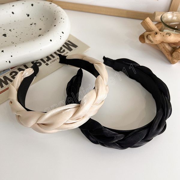 

women satin cross hairbands twisted braid headband head hoop solid color hair accessories ladies elegant width headwear, Slivery;white