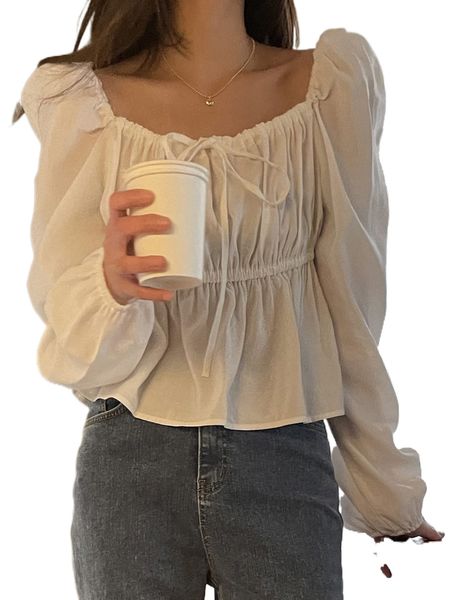 

dazy ruched bust puff sleeve peplum blouse m1p7#, White