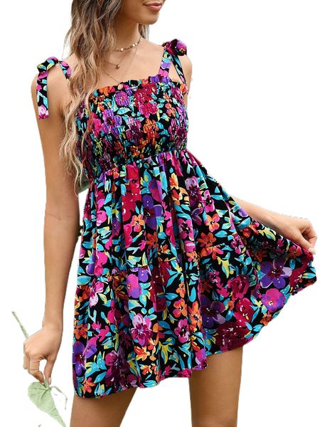 

floral print shirred frill trim knotted shoulder cami dress p8qw#, Black;gray
