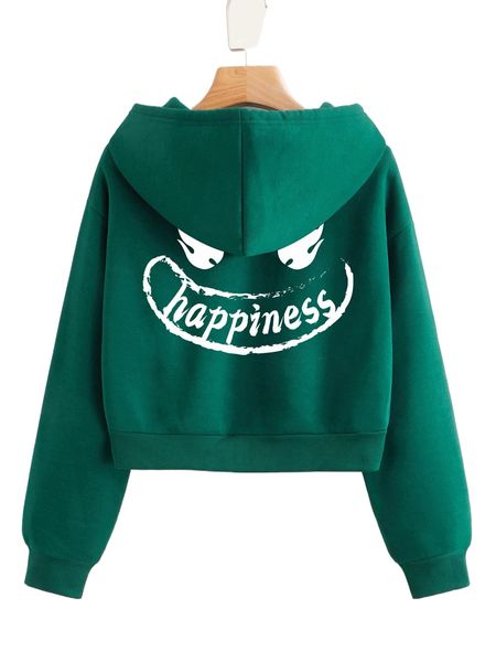 

cartoon and letter graphic drawstring thermal crop hoodie n8q5#, Black