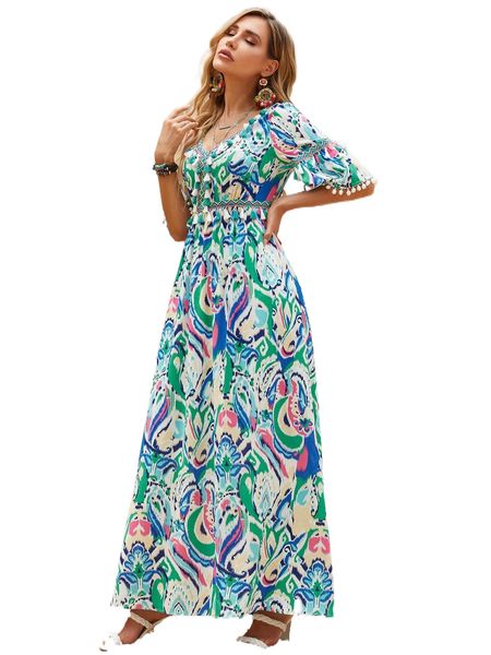 

allover print fringe trim a-line dress x4wx#, Black;gray