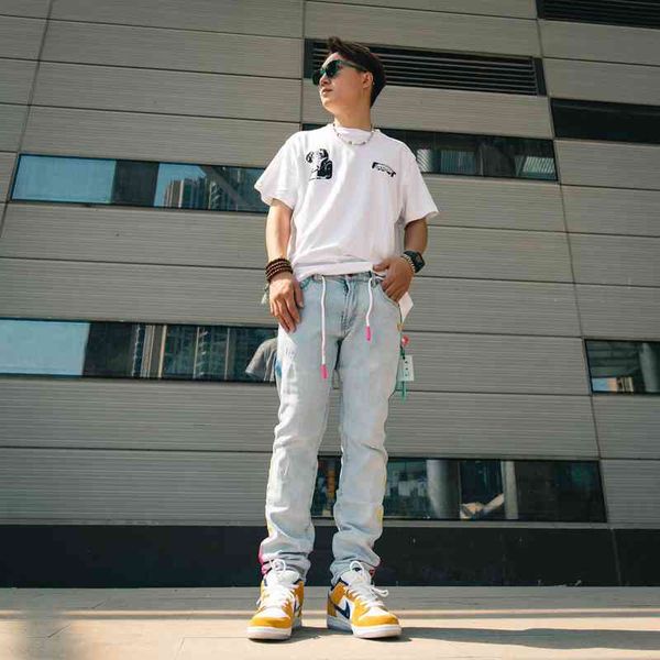 

black white high street tide wash light blue drawstring loose micro elastic men 2022 luxury brand fashion design versatile men's jeans