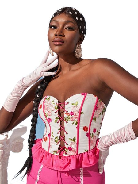 

floral embroidery grommet lace up mesh tube without gloves 9354#, White