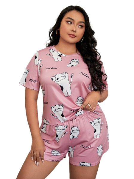 

plus cartoon & letter print pj set z9al#, Black;white
