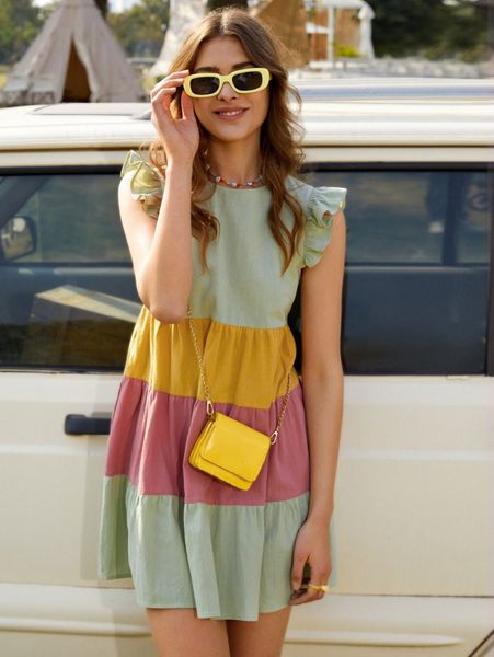 

butterfly sleeve colorblock smock dress b8jg#, Black;gray