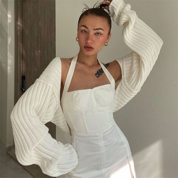 

women ultrashort sweater coat autumn winter long sleeve loose knitted crop solid color cardigan sweaters 220813, White