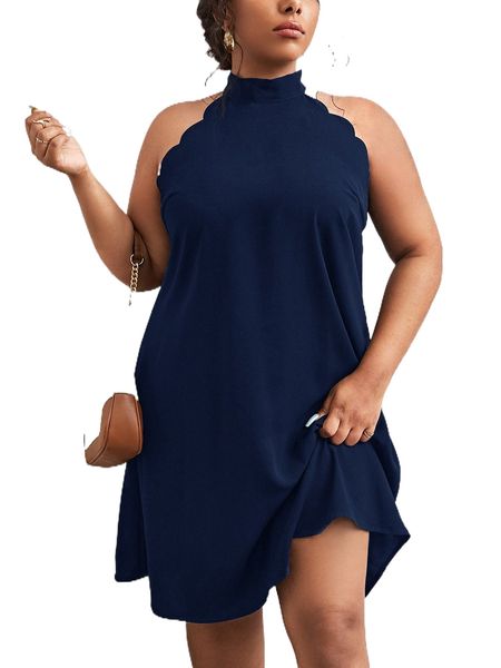 

plus scallop trim halter neck tunic dress d3qs#, Black