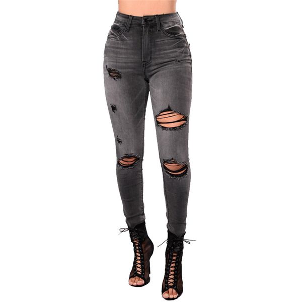Черные потертые джинсовые повседневные рваные брюки с высокой талией 2018 Джинсы скинни для женщин Брюки-карандаш Серый WS110 J190425