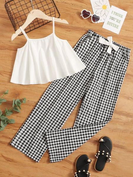 

girls cami & gingham pants set she, White
