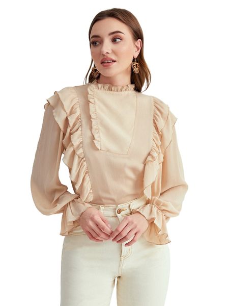

mock neck flounce sleeve ruffle trim x3se#, White