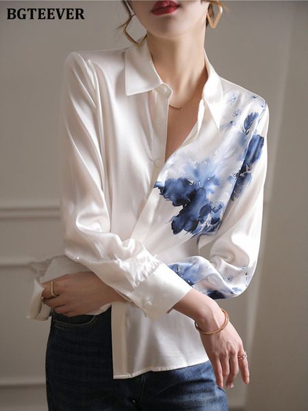 

spring summer lapel printed ladies satin blouses long sleeve single-breasted loose elegant women shirts 2022, White