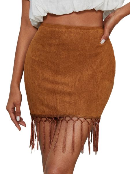 

fringe trim suede bodycon skirt g7j3#, Black