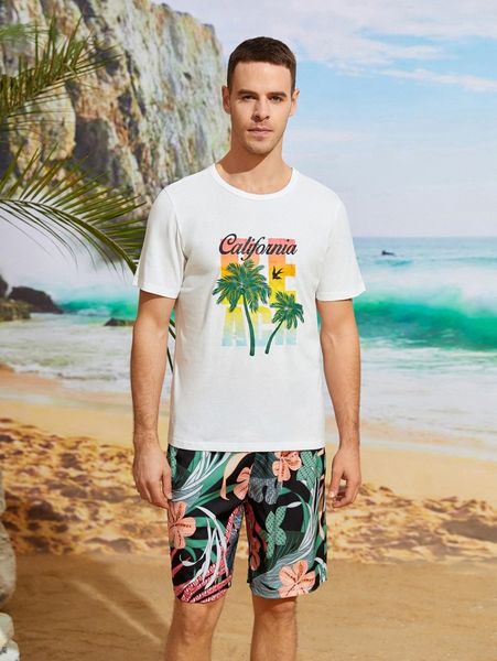 

men letter & tropical print tee & shorts t0qz#, Gray